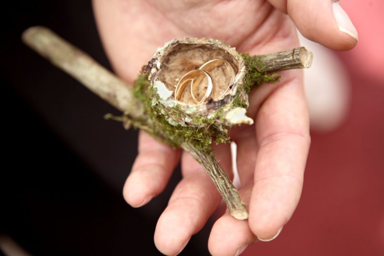 wedding bands in a nest, in a palm