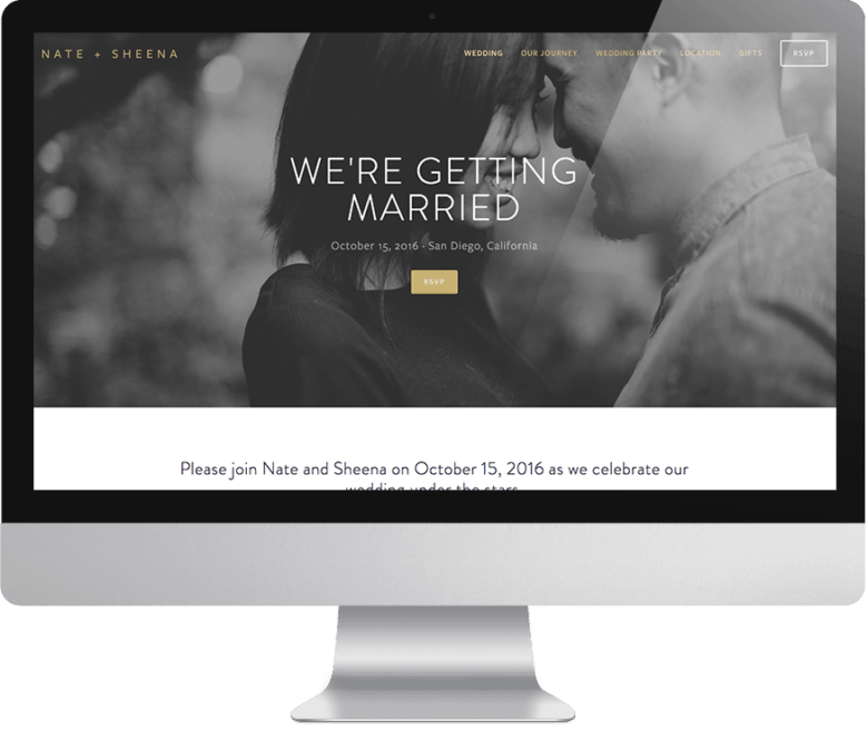 Computer monitor with wedding website showing male and female couple with heads together and words "we're getting married".