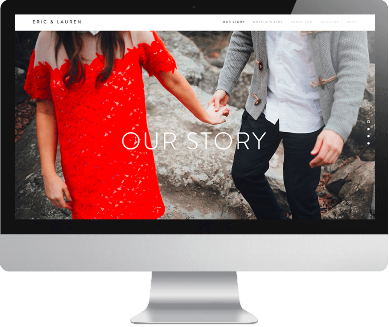 Computer monitor showing wedding website with couple holding hands and words "our story" overlaid.